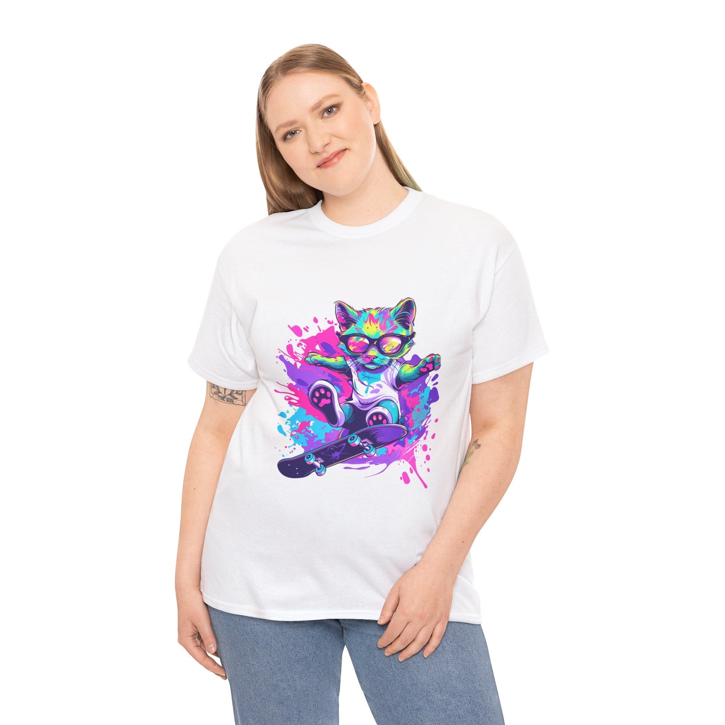 Rad Cat Unisex 80s Cartoon Cat Tee – Retro Neon Pop Culture Shirt