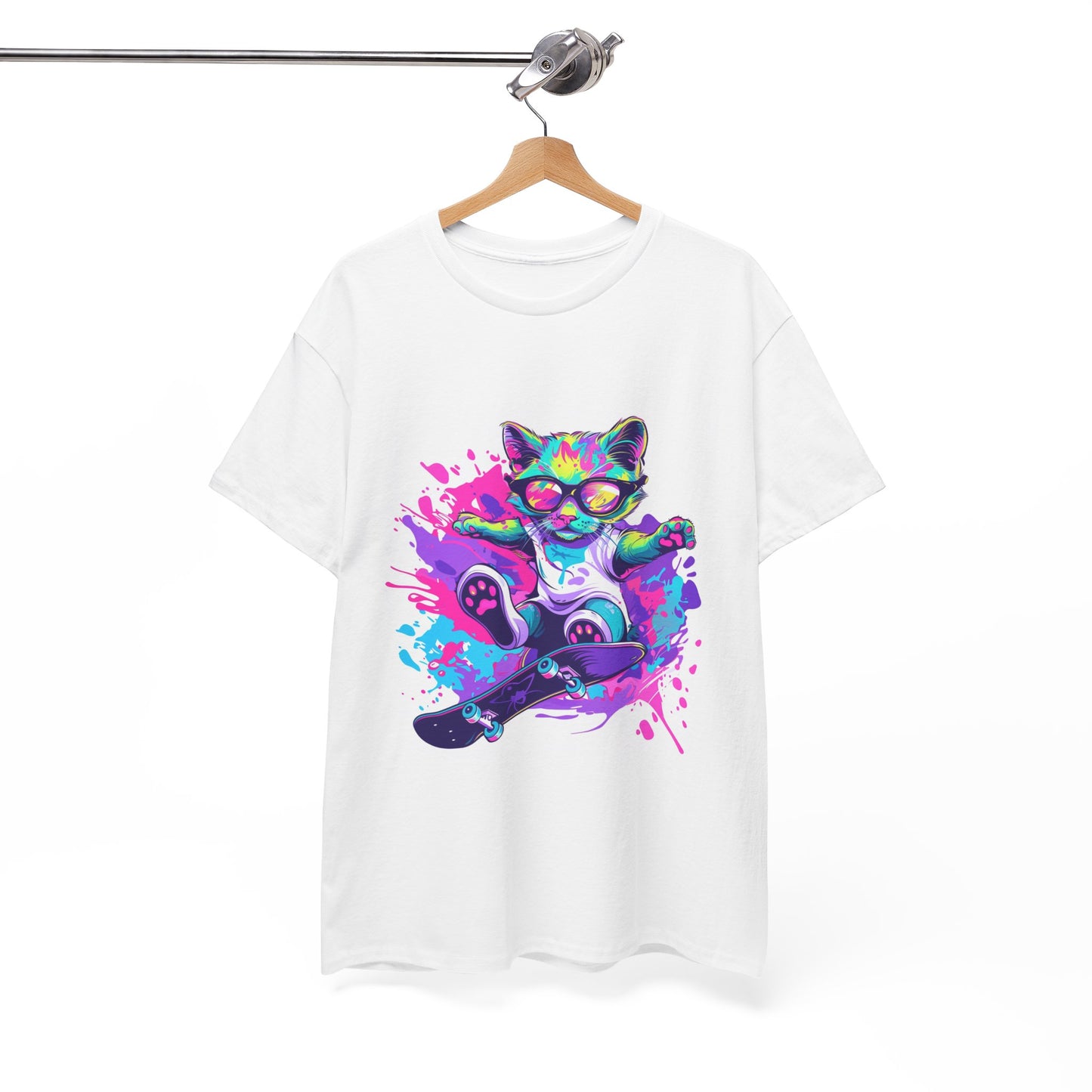 Rad Cat Unisex 80s Cartoon Cat Tee – Retro Neon Pop Culture Shirt