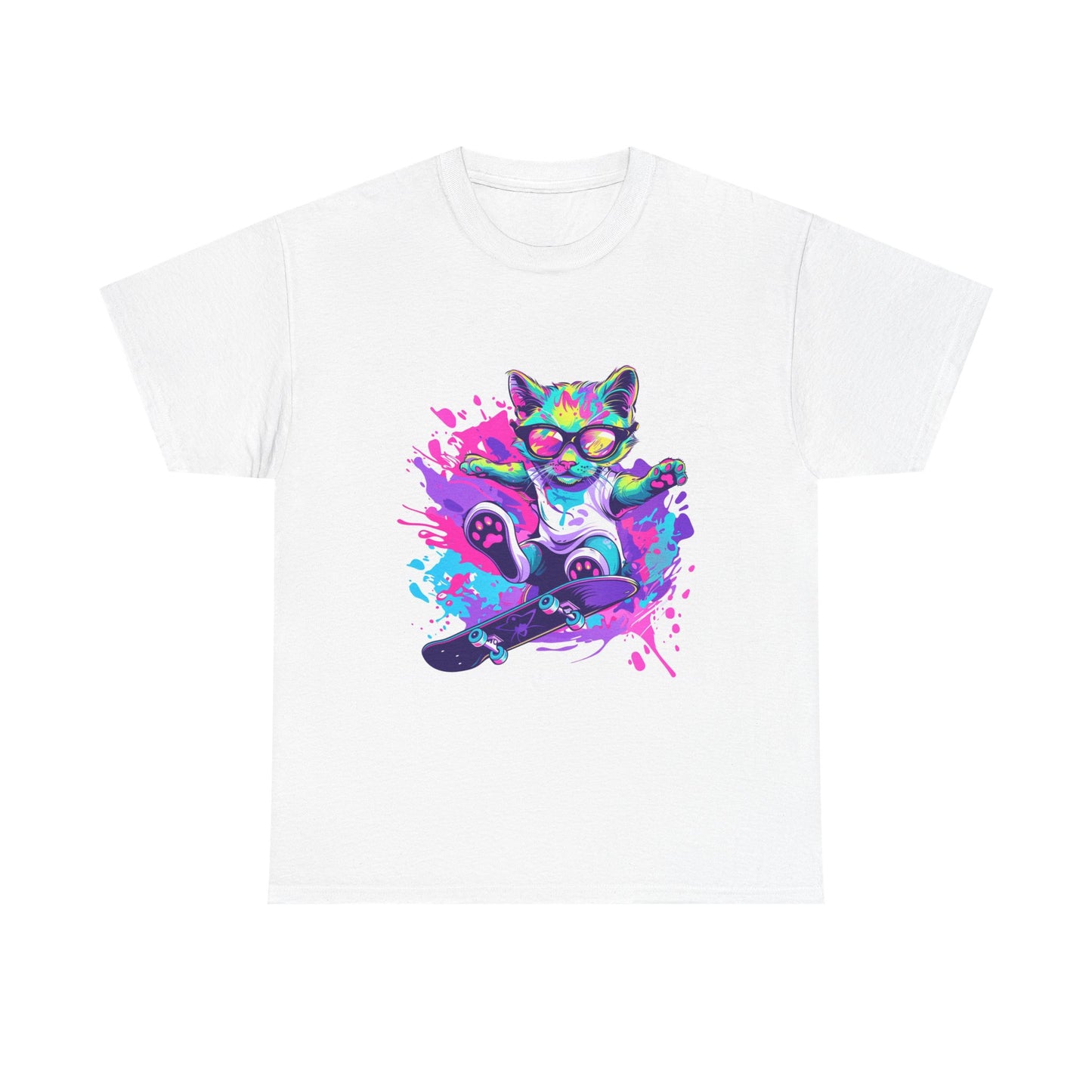 Rad Cat Unisex 80s Cartoon Cat Tee – Retro Neon Pop Culture Shirt