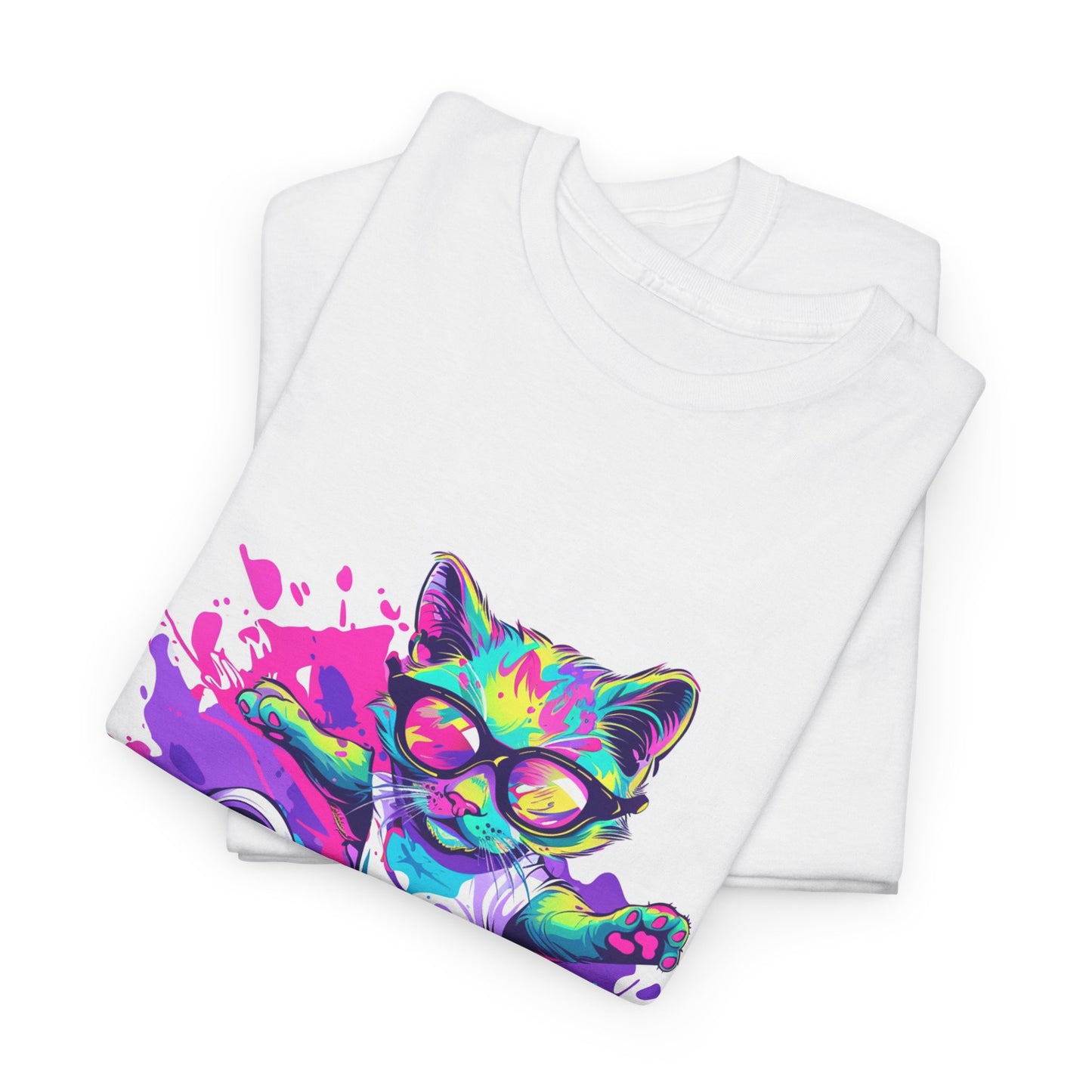Rad Cat Unisex 80s Cartoon Cat Tee – Retro Neon Pop Culture Shirt