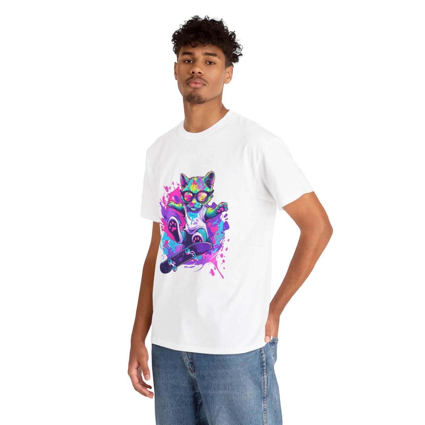 Rad Cat Unisex 80s Cartoon Cat Tee – Retro Neon Pop Culture Shirt