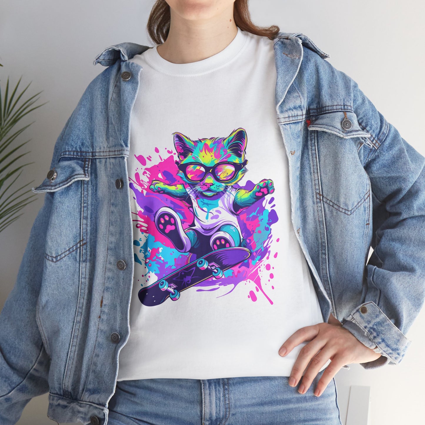 Rad Cat Unisex 80s Cartoon Cat Tee – Retro Neon Pop Culture Shirt