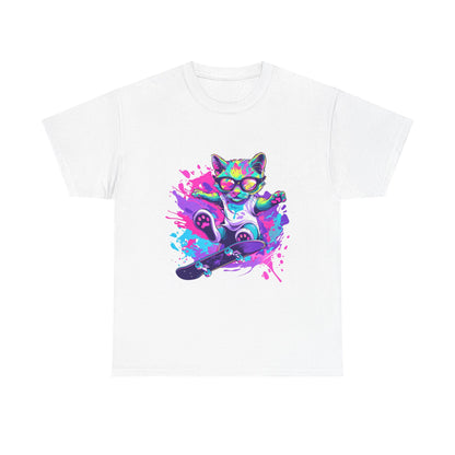 Rad Cat Unisex 80s Cartoon Cat Tee – Retro Neon Pop Culture Shirt