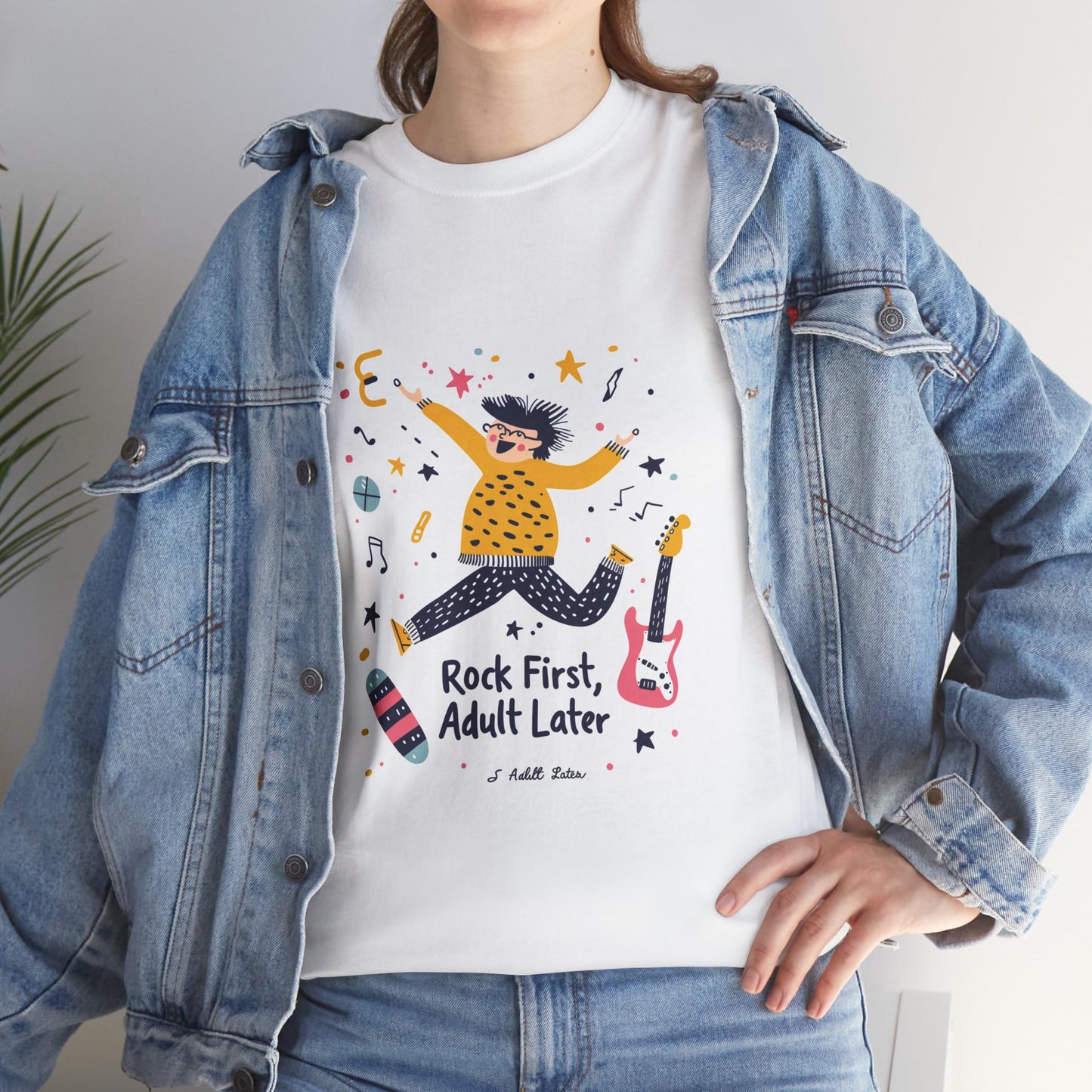 Rock First, Adult Later Unisex Band Tee – Funny Guitar Player T-Shirt