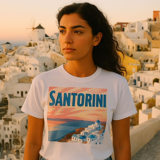 Sunset in Santorini Unisex Greece Travel T-Shirt – Urban Adventure Graphic Tee