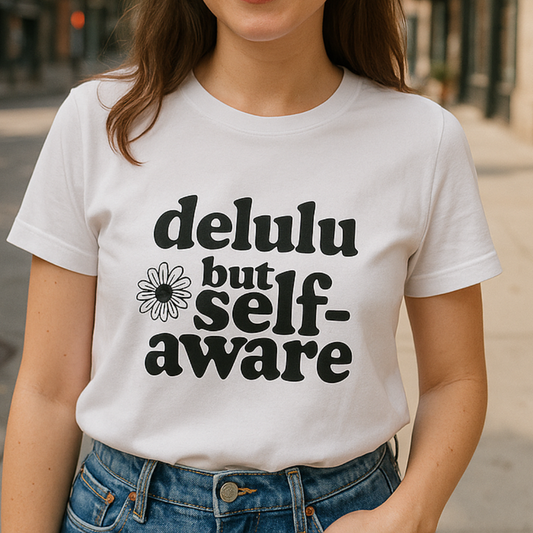 Delulu But Self-Aware Women’s T-Shirt – Funny Empowering Girl Power Graphic Tee