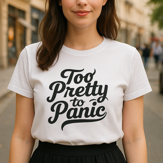 Too Pretty To Panic Women’s T-Shirt – Confident Girl Power & Calm Energy Tee